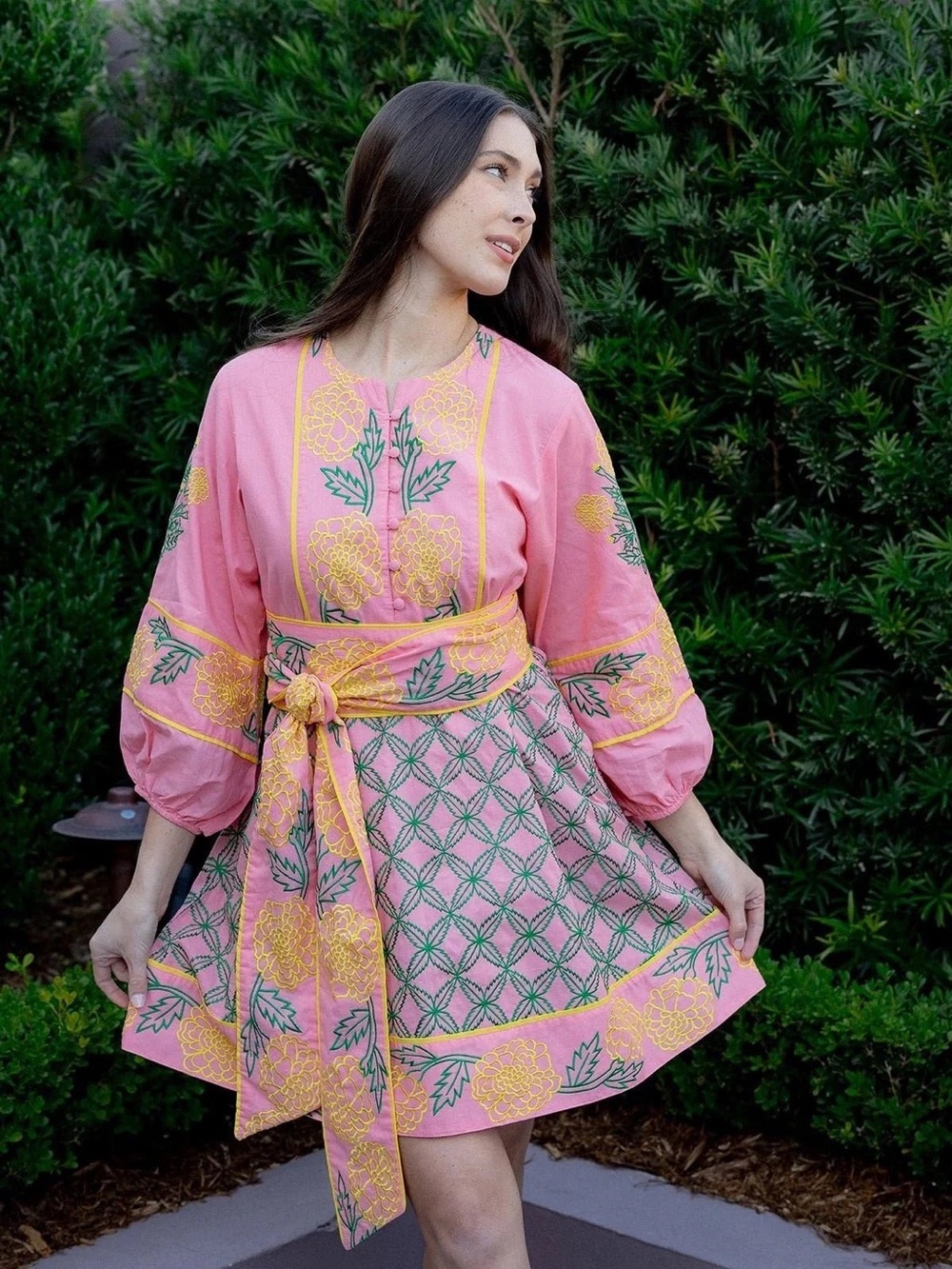 Sue Sartor Jewel Neck Flounce Mini dress in guava and Marigold Size S Small NWT